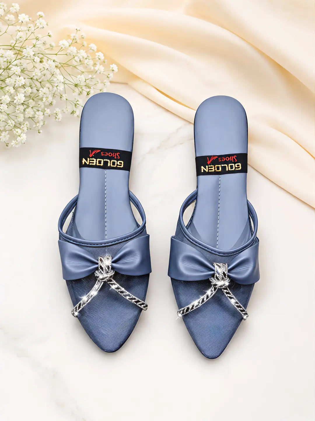 Women's Embroidered Flats - Grey Rexine, Size 7 to 10