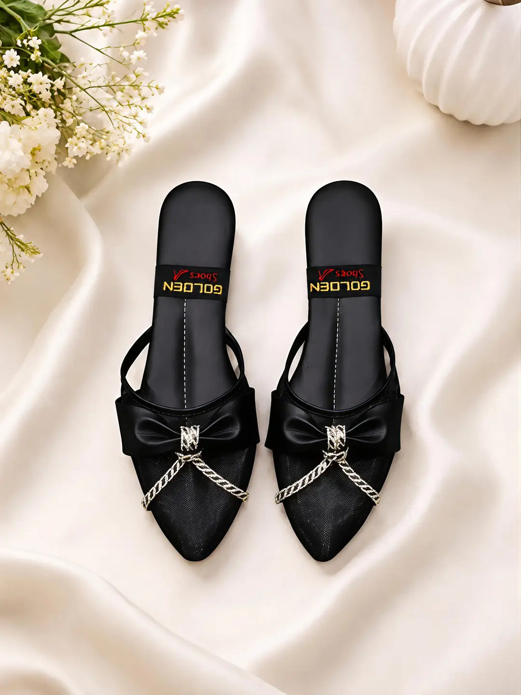 Women's Embroidered Flats - Black Rexine, Size 8 to 10