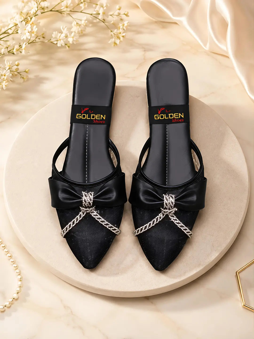 Women's Embroidered Flats - Black Rexine, Size 8 to 10
