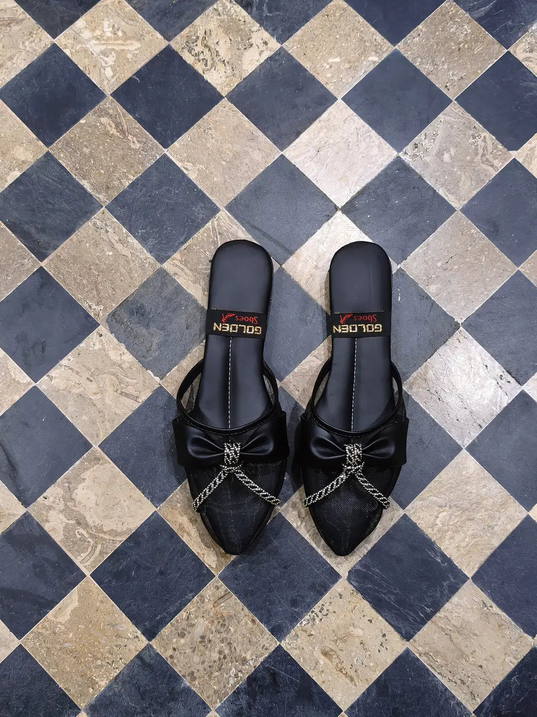 Women's Embroidered Flats - Black Rexine, Size 8 to 10