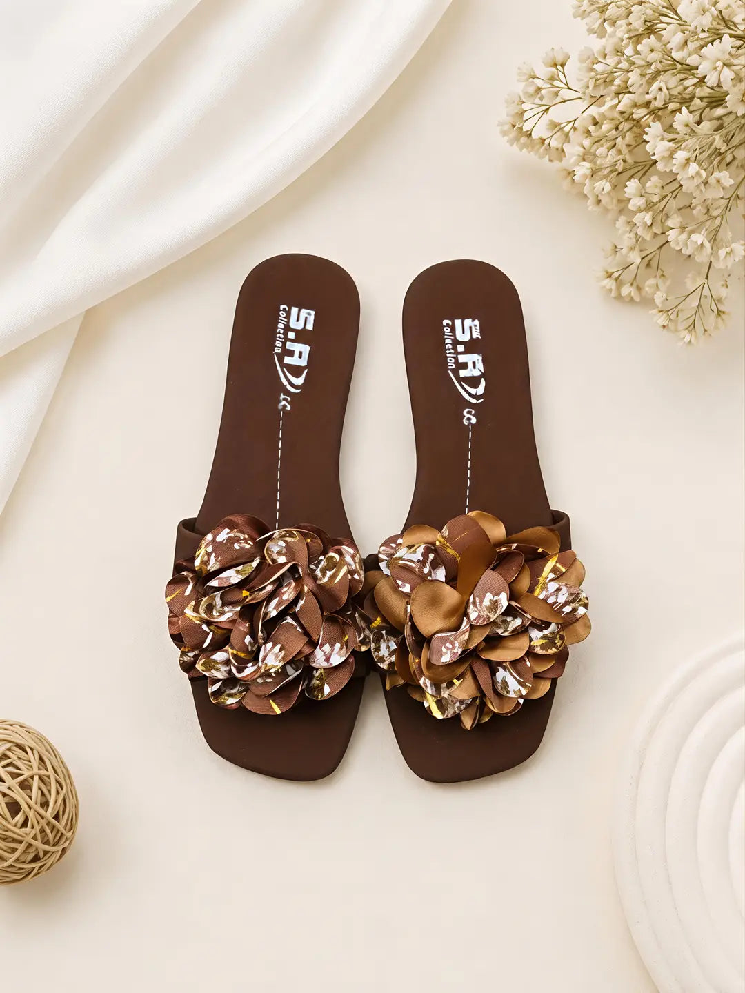 Women's Flower Embroidered Slippers - Brown Rexine, Design 1