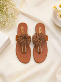 Women's Flower Embroidered Slippers - Brown Rexine, Design 2