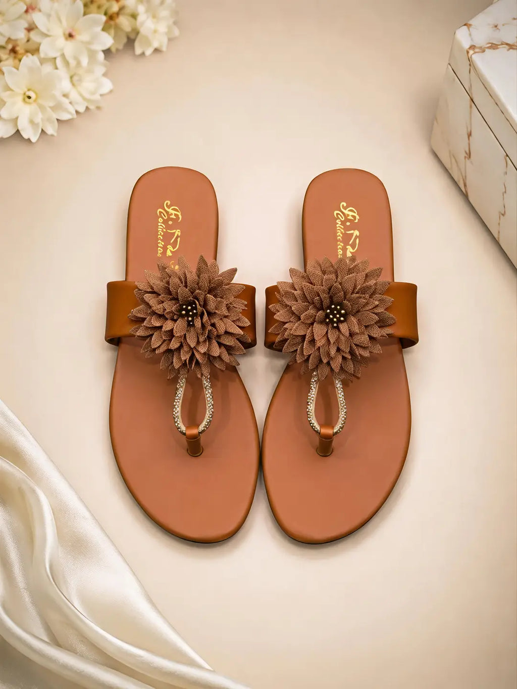 Women's Flower Embroidered Slippers - Brown Rexine, Design 2