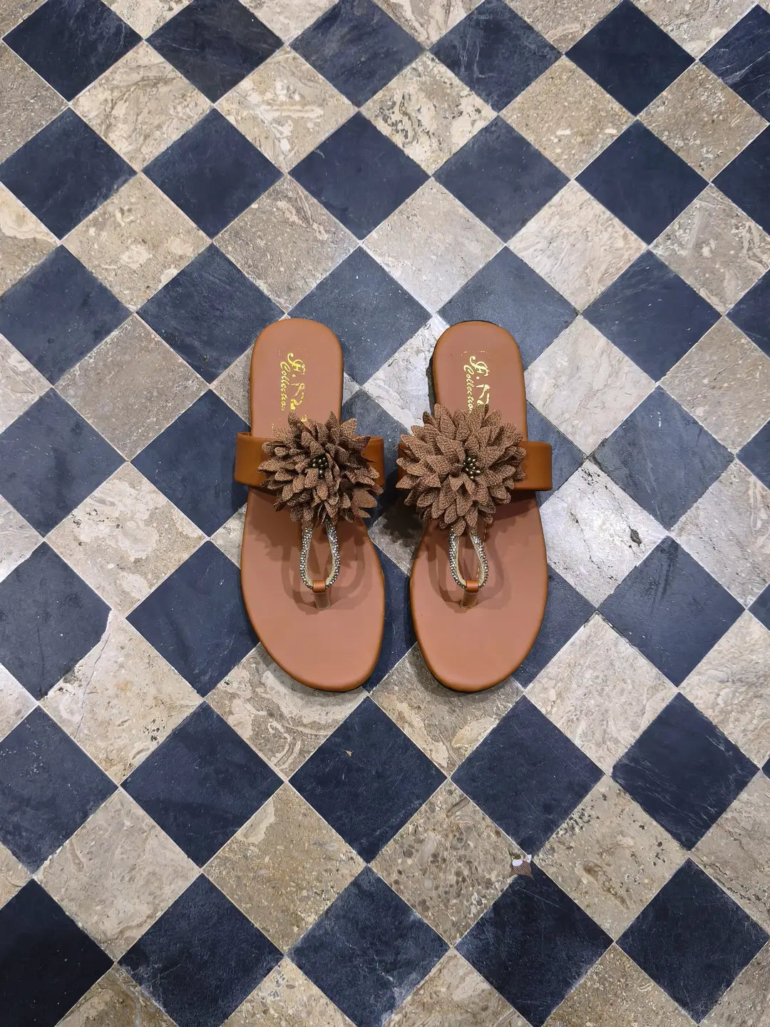 Women's Flower Embroidered Slippers - Brown Rexine, Design 2