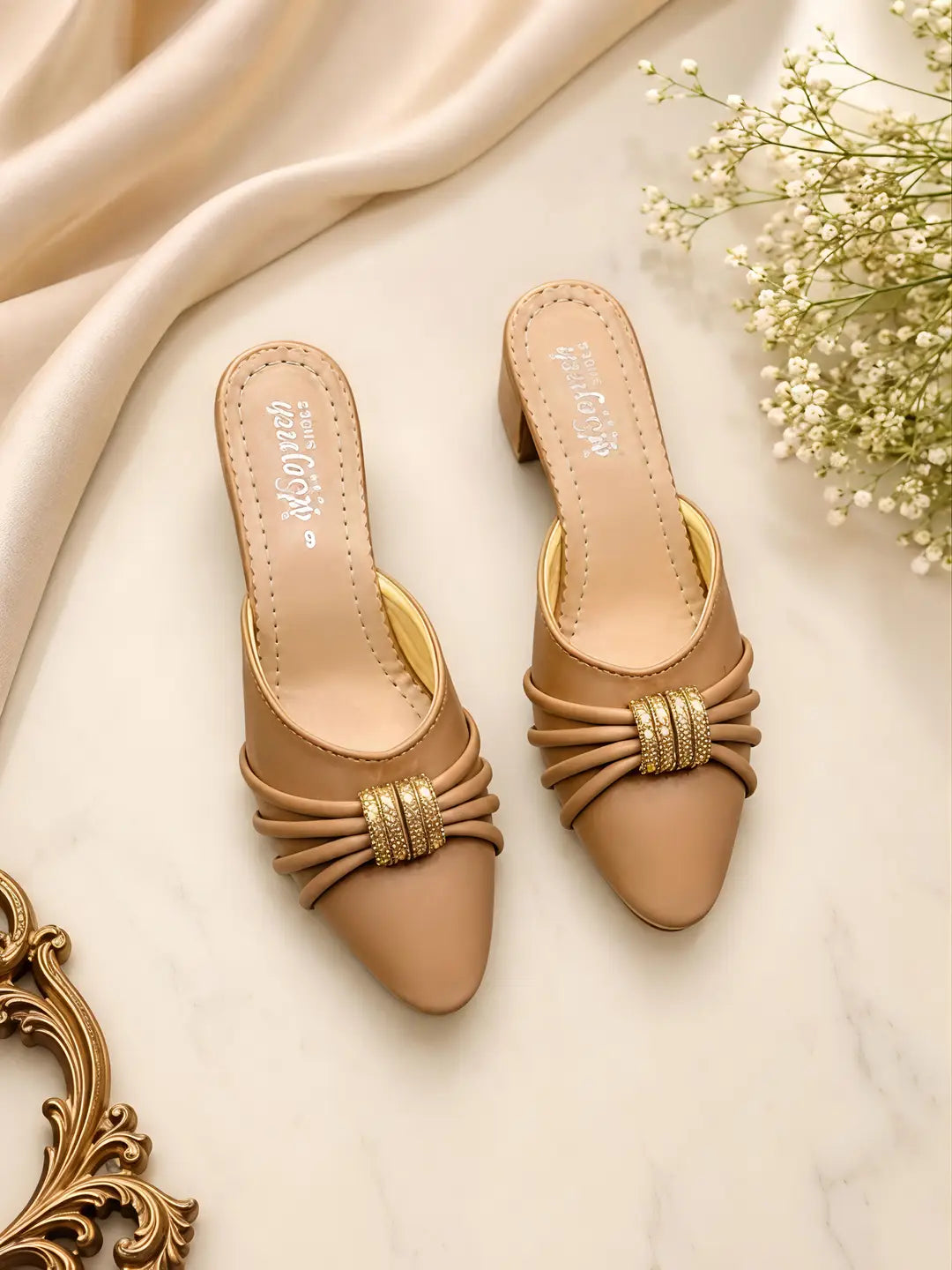Women's Embroidered Flats - Golden Rexine, Size 6 to 10