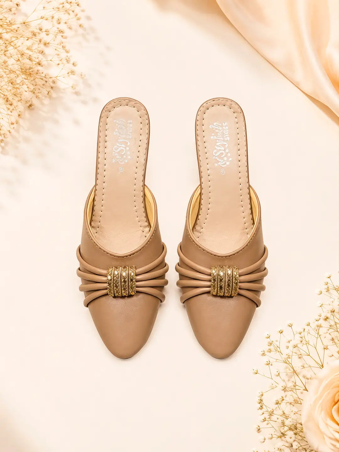 Women's Embroidered Flats - Golden Rexine, Size 6 to 10