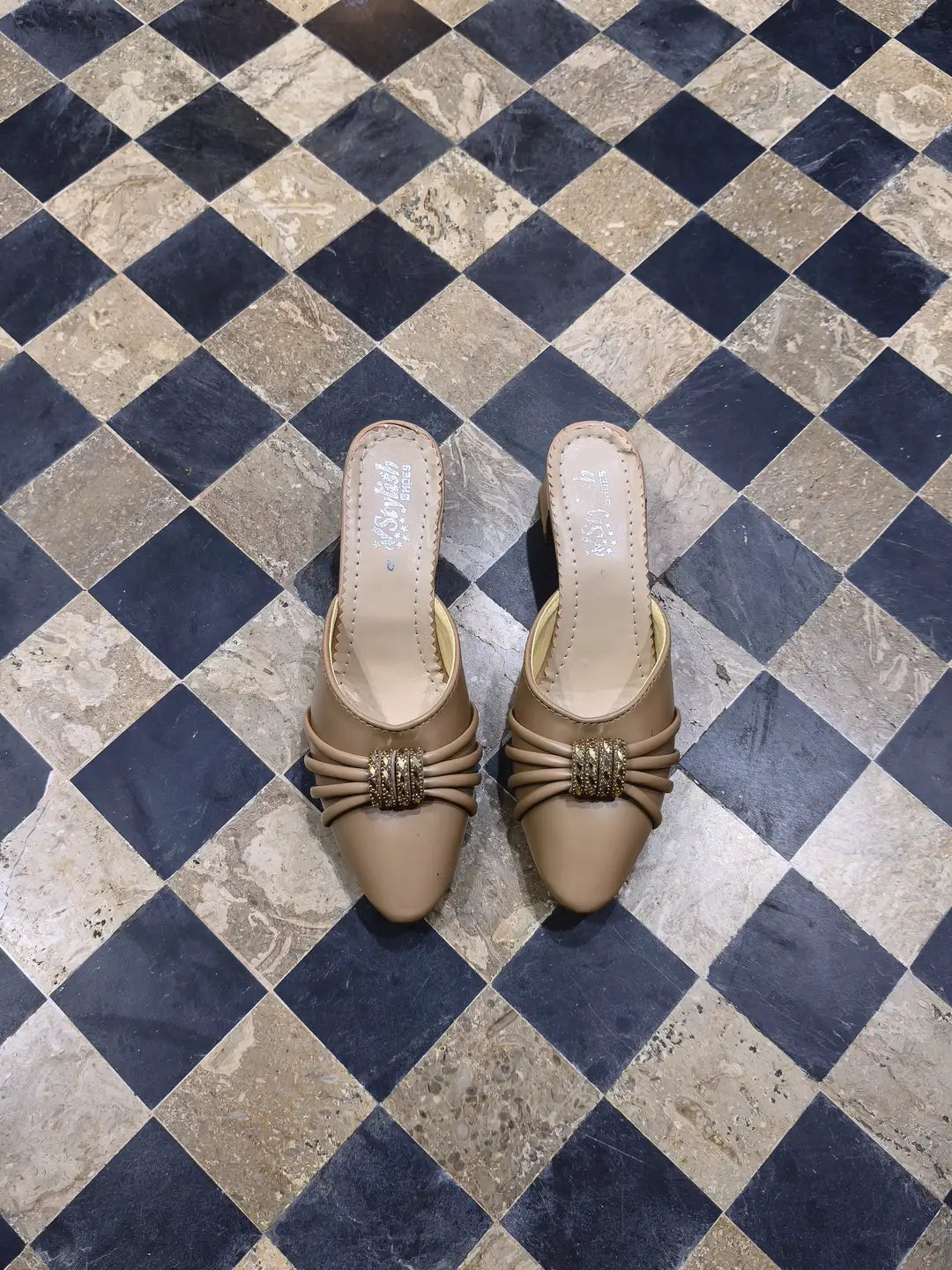 Women's Embroidered Flats - Golden Rexine, Size 6 to 10