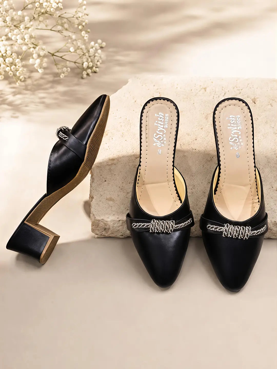 Women's Embroidered Flats - Black Rexine, Size 6 to 10
