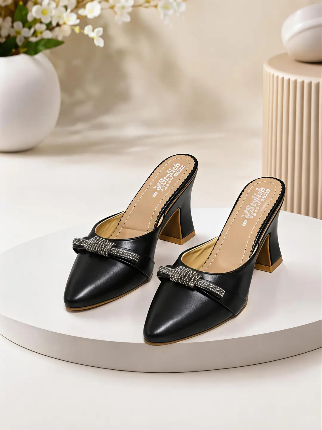 Women's Embroidered Flats - Black Rexine, Size 6 to 10