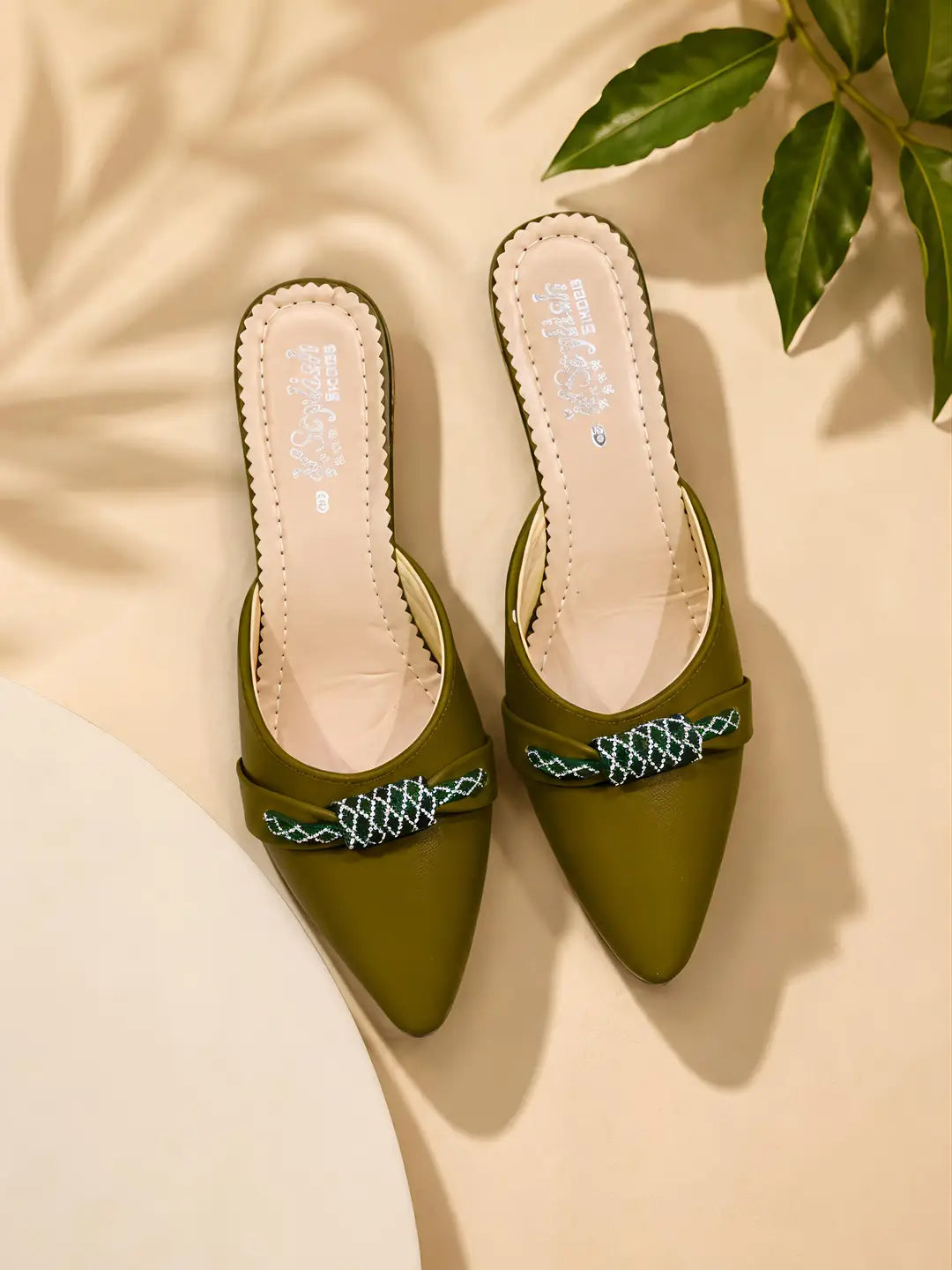 Women's Embroidered Flats - Green Rexine, Size 6 to 10