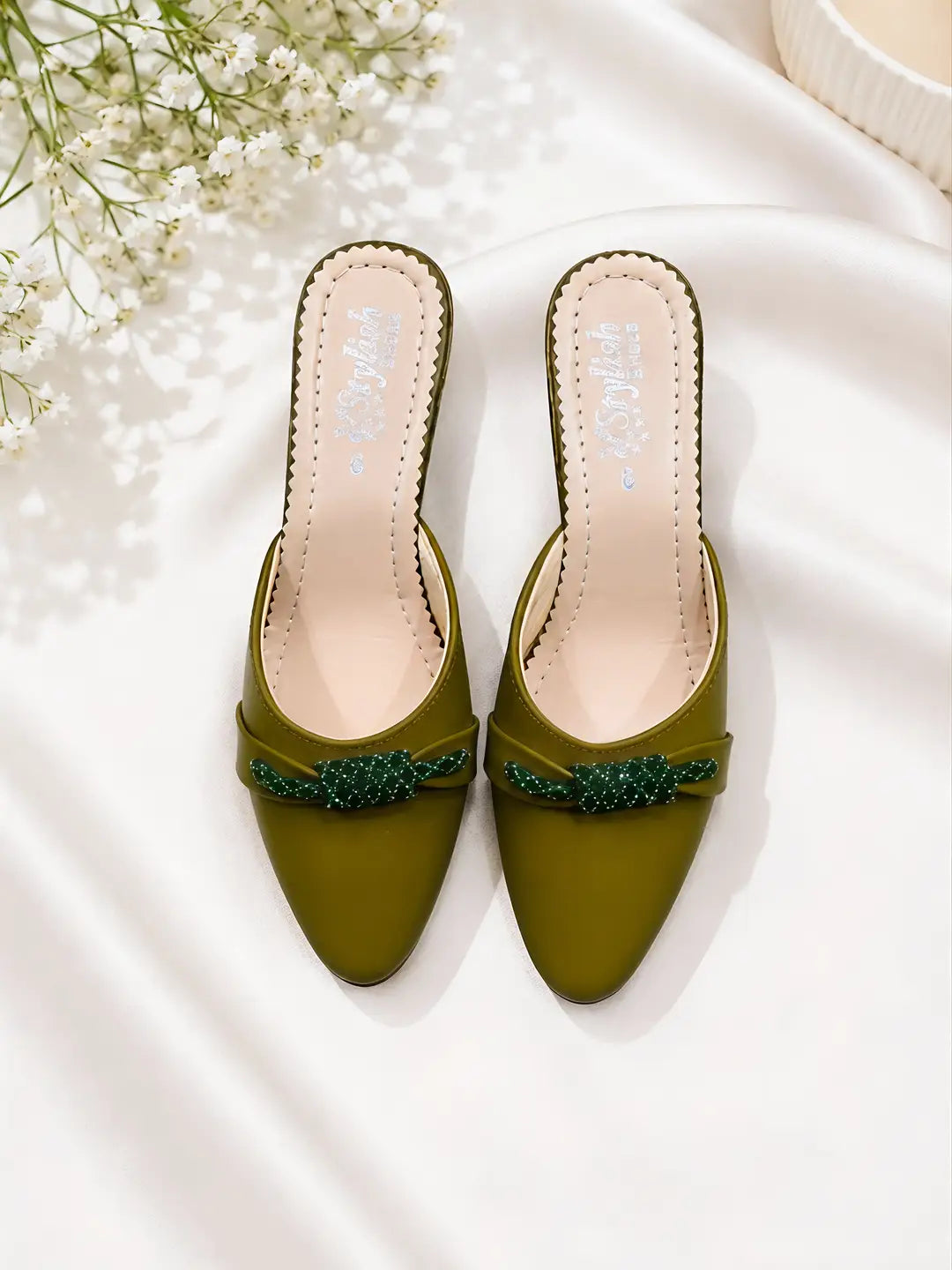 Women's Embroidered Flats - Green Rexine, Size 6 to 10