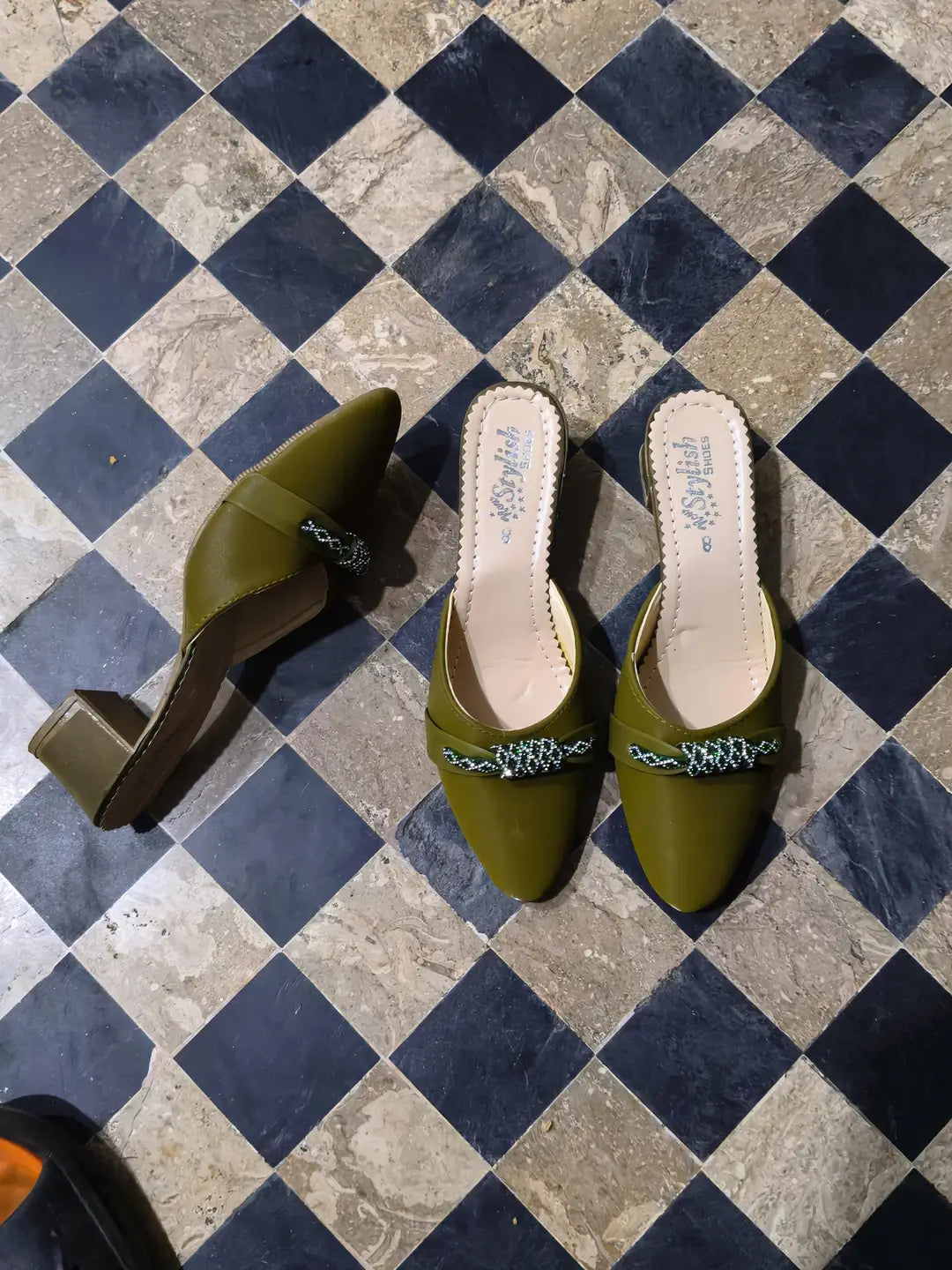 Women's Embroidered Flats - Green Rexine, Size 6 to 10