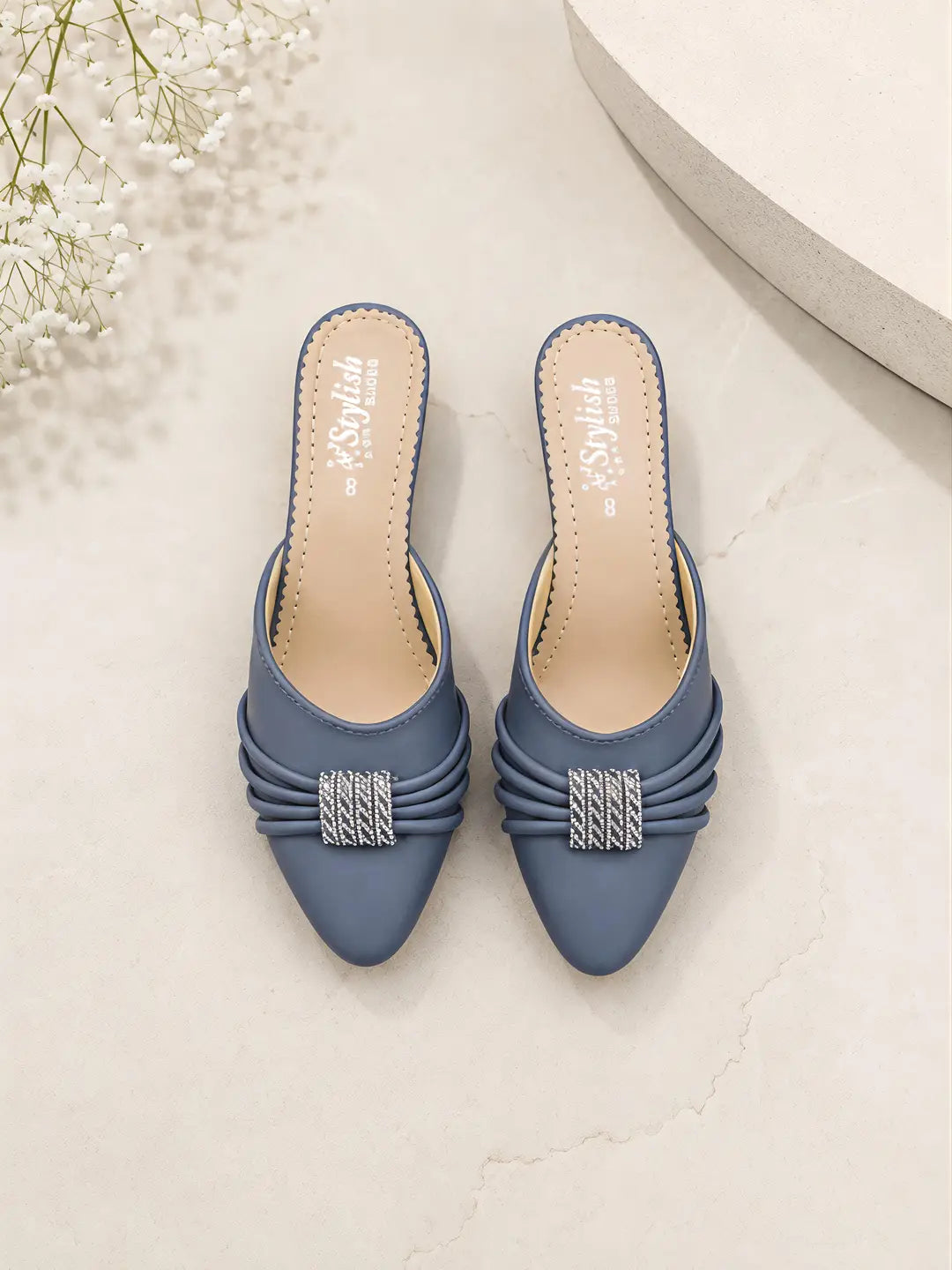 Women's Embroidered Flats - Grey Rexine, Size 6 to 10