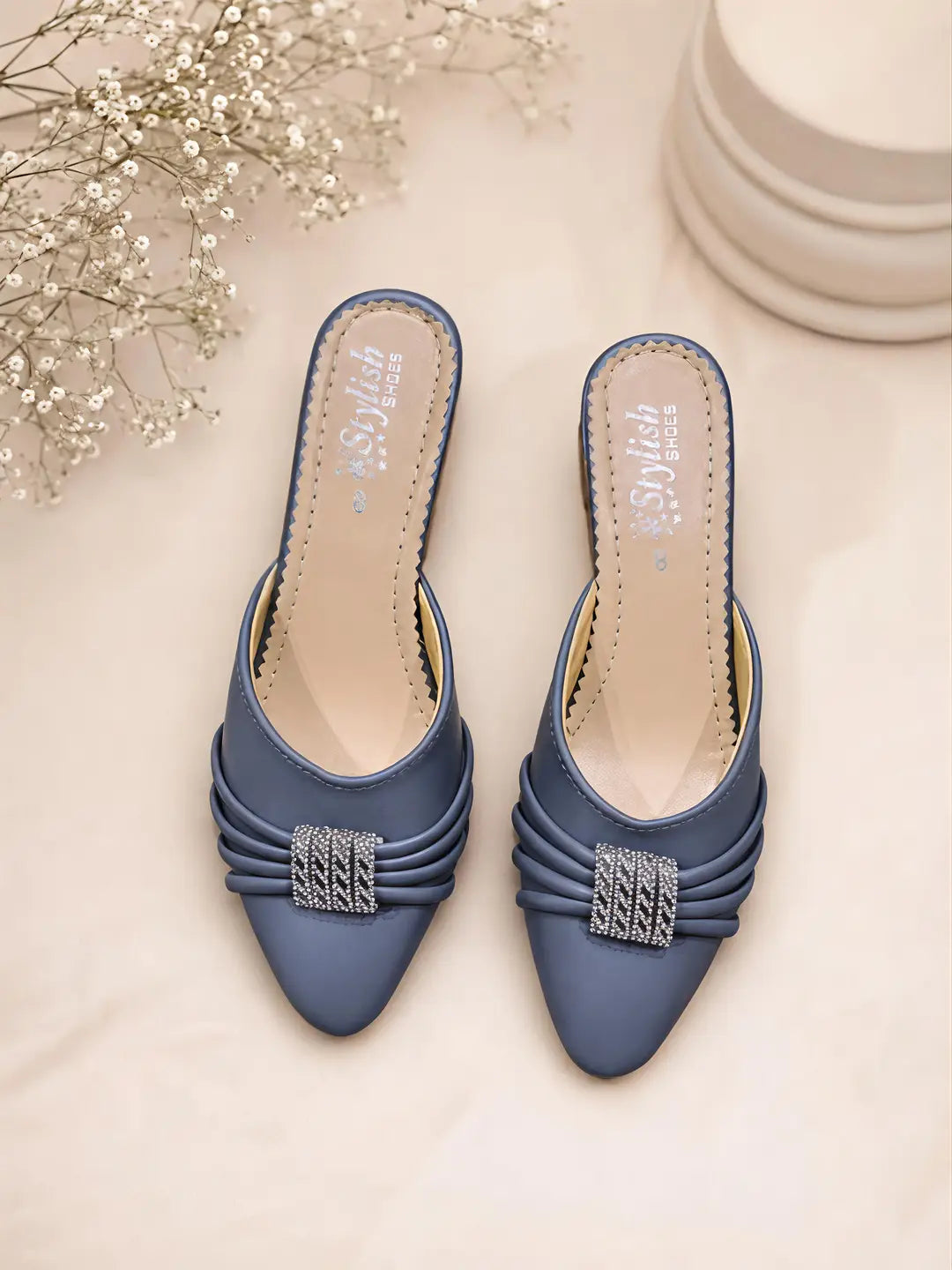 Women's Embroidered Flats - Grey Rexine, Size 6 to 10