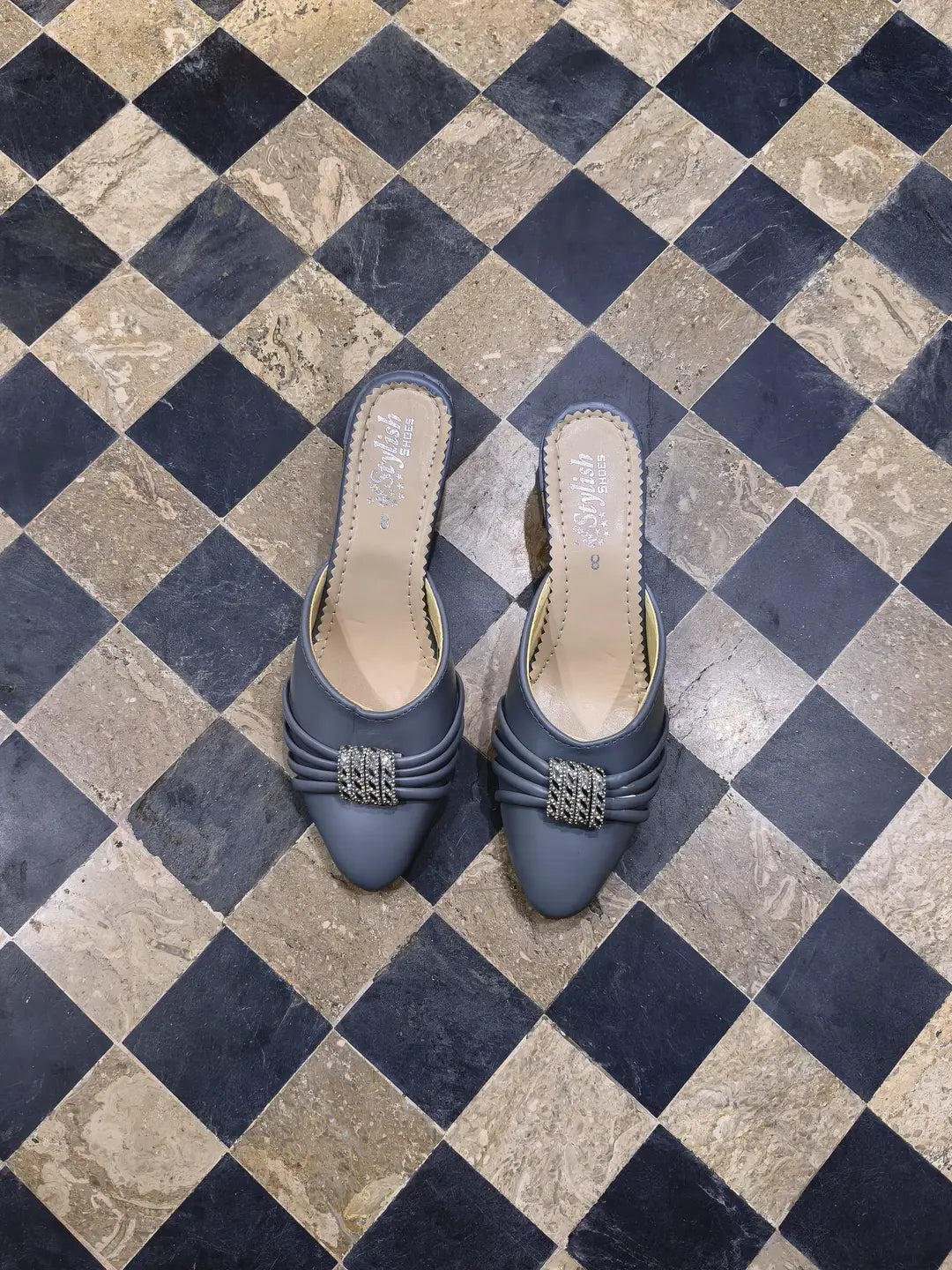 Women's Embroidered Flats - Grey Rexine, Size 6 to 10