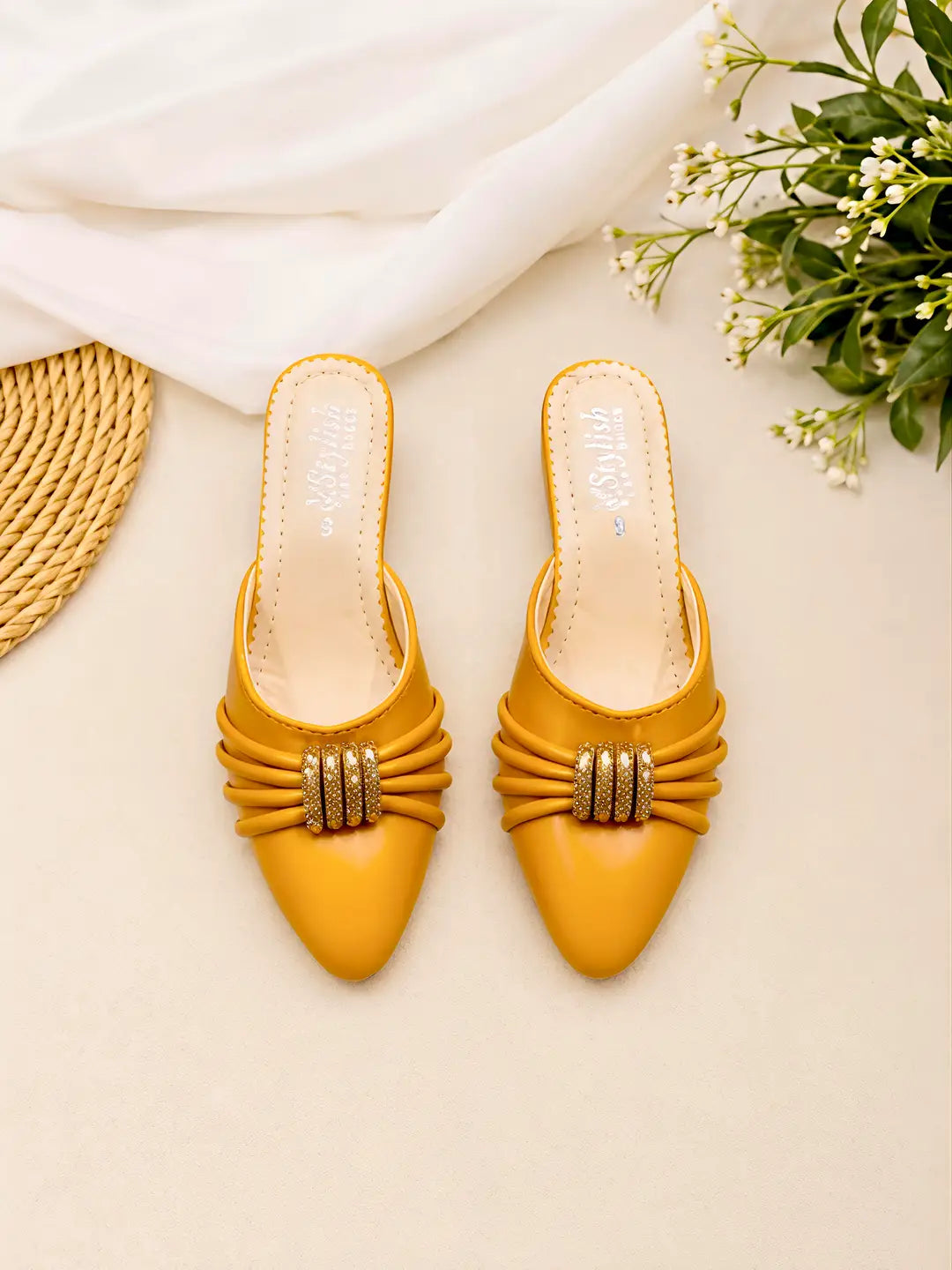 Women's Embroidered Flats - Yellow Rexine, Size 6 to 10