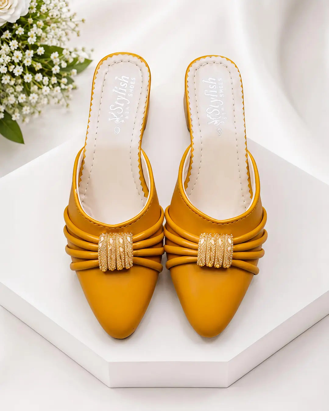 Women's Embroidered Flats - Yellow Rexine, Size 6 to 10