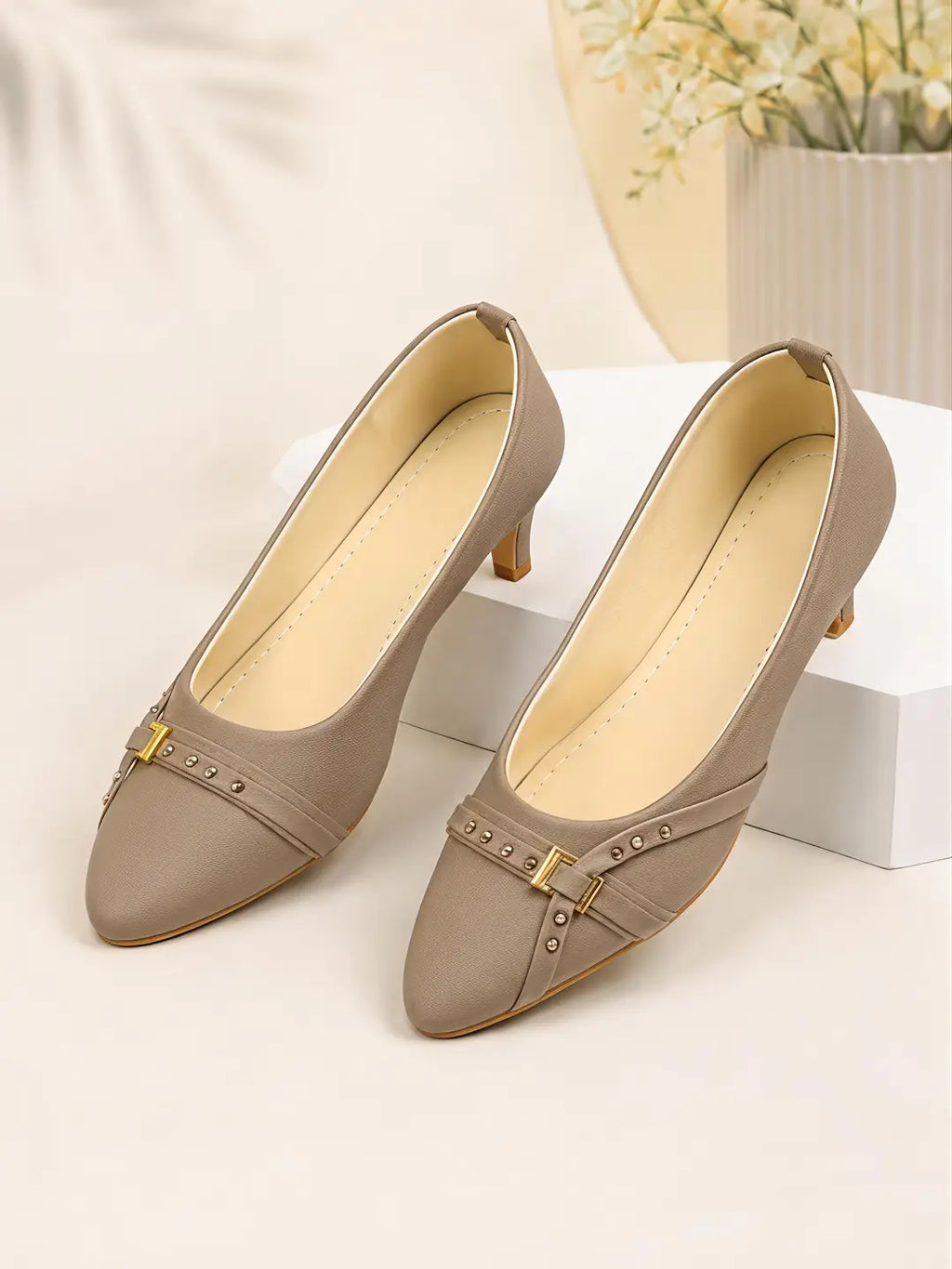 Women's Beads Pattern Pumps - Golden Leather, Size 7 to 10