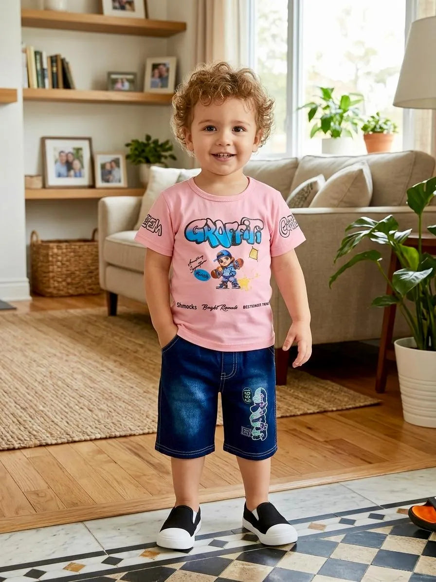 Boys Cotton Jersey Shirt & Shorts Set - Multicolour