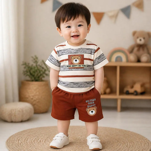 Baby Boy Striped Shorts & T-Shirt Set - Brown Cotton