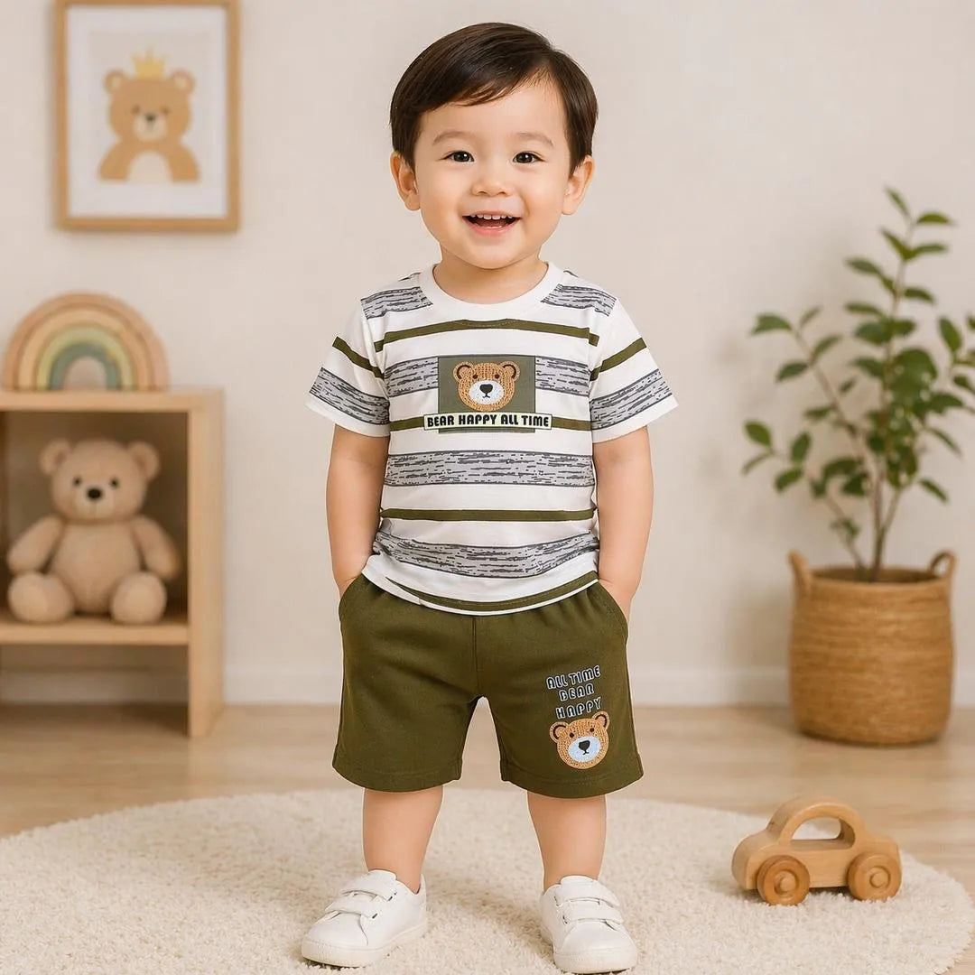 Baby Boy Striped Shorts & T-Shirt Set - Brown Cotton - view 3