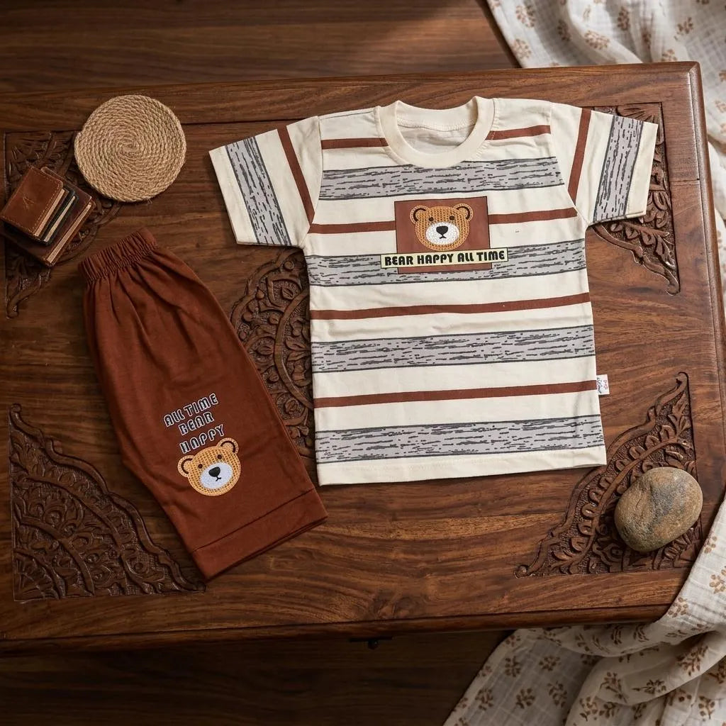 Baby Boy Striped Shorts & T-Shirt Set - Brown Cotton - view 4