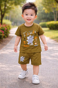 Kids T-Shirt & Shorts Set - Brown Cartoon Print