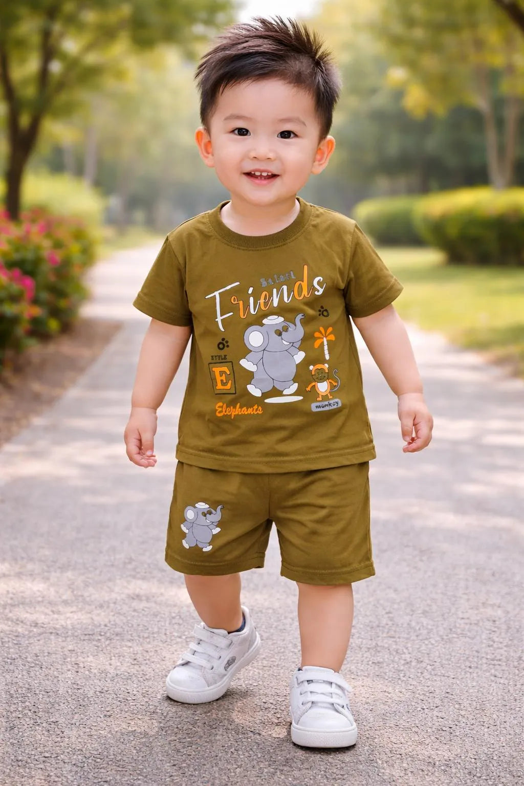 Kids T-Shirt & Shorts Set - Brown Cartoon Print