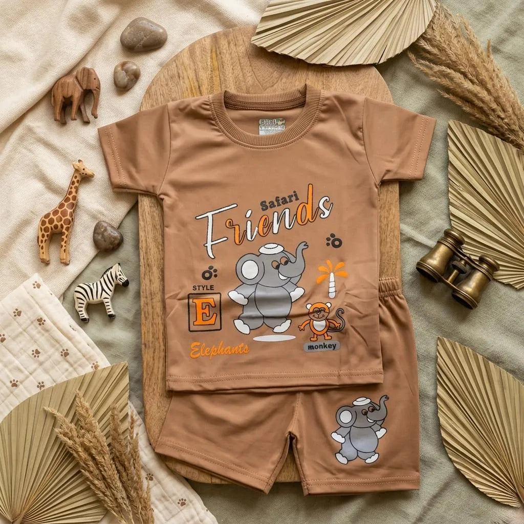 Kids T-Shirt & Shorts Set - Brown Cartoon Print - view 2