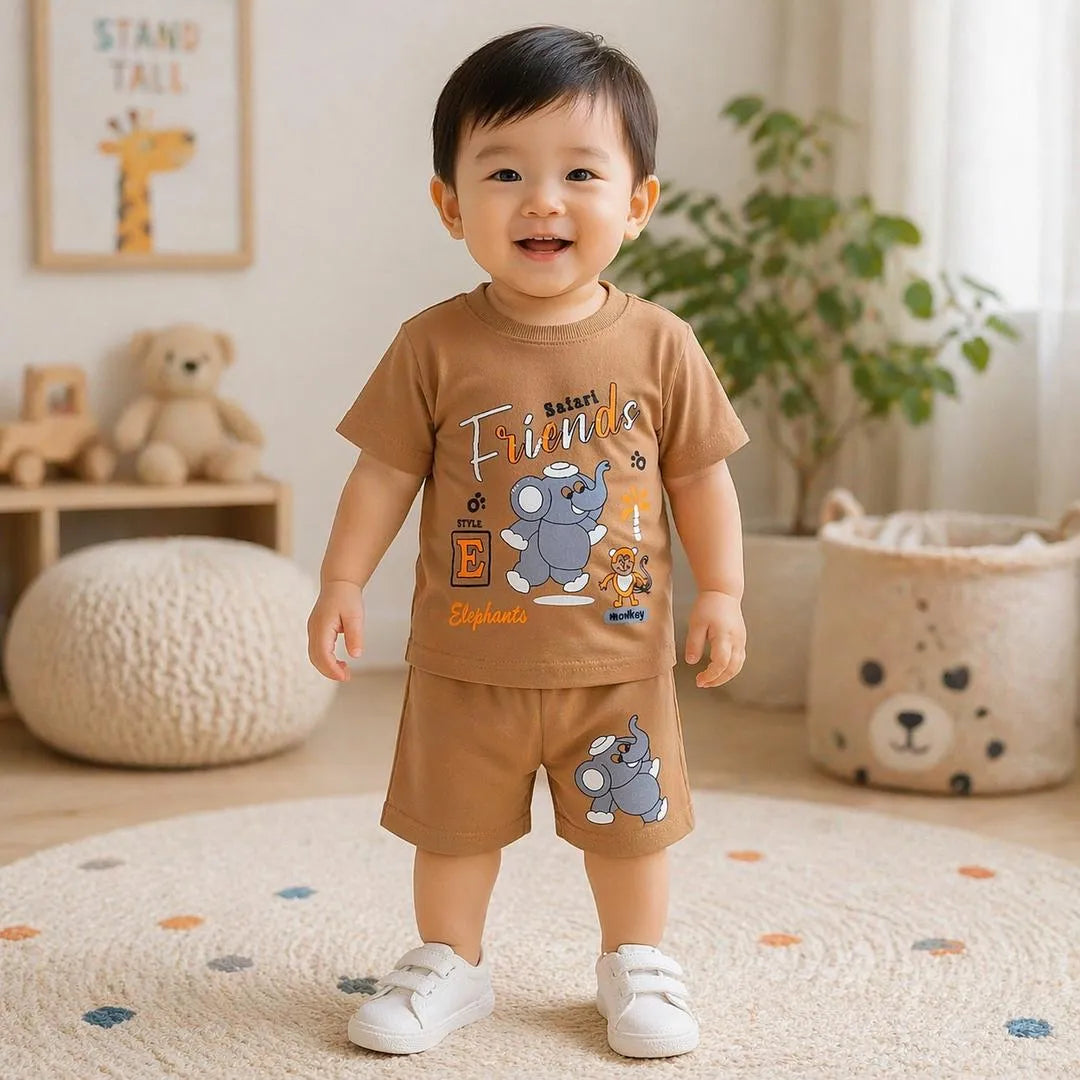 Kids T-Shirt & Shorts Set - Brown Cartoon Print - view 6