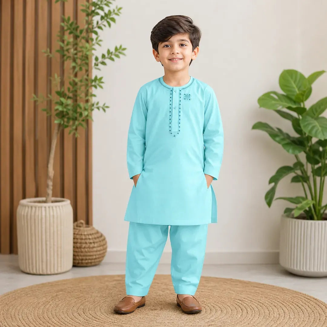 Boys Embroidered Kurta Shalwar Set - Blue Cotton