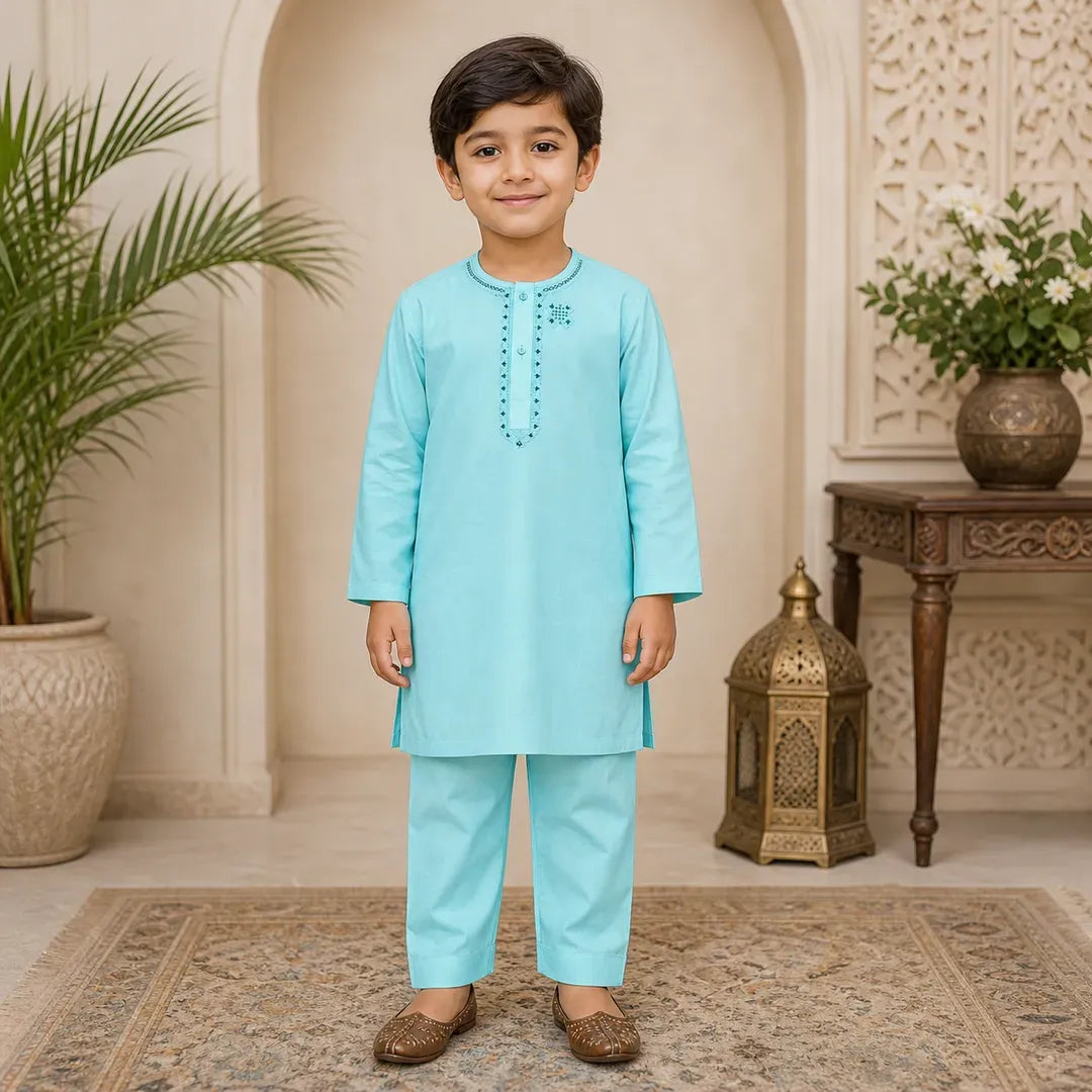 Boys Embroidered Kurta Shalwar Set - Blue Cotton - view 2