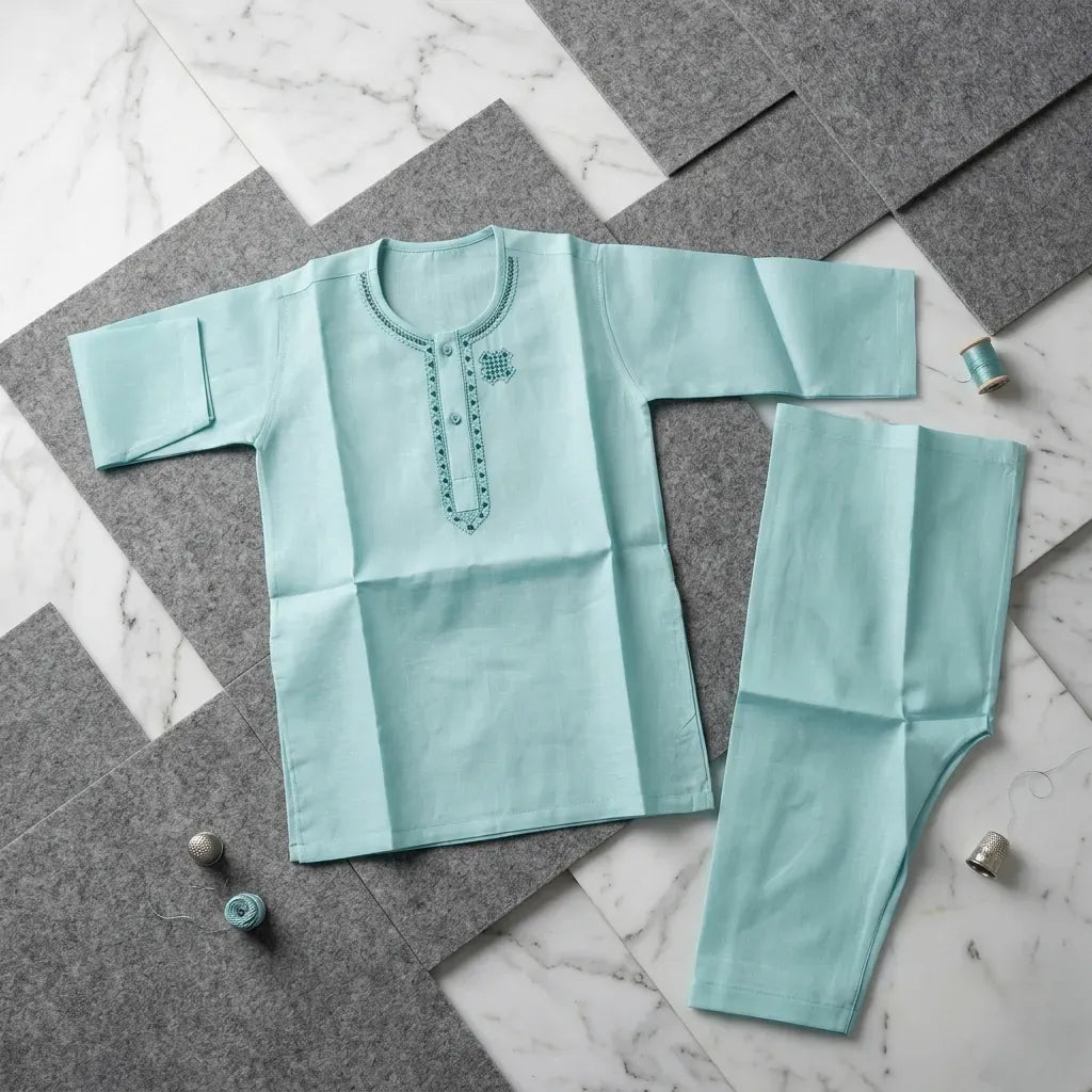 Boys Embroidered Kurta Shalwar Set - Blue Cotton - view 3