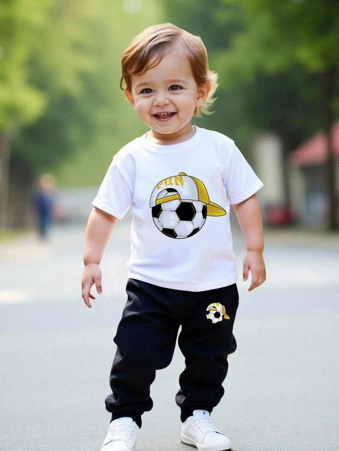 Kids Soccer Print Tracksuit - White & Black, Ages 1-12