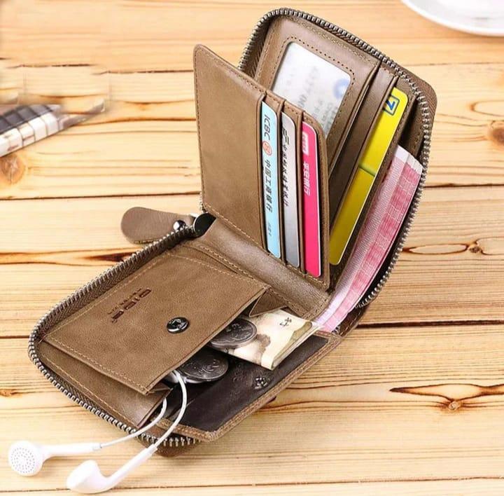 Men's Genuine Leather Wallet - Light Brown, Zipper Closure - view 2