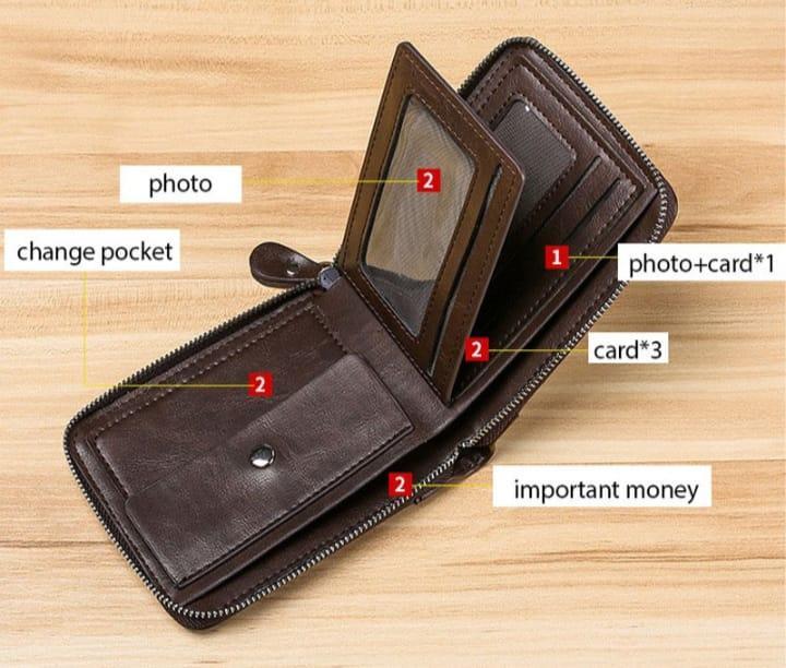 Men's Genuine Leather Wallet - Light Brown, Zipper Closure - view 3
