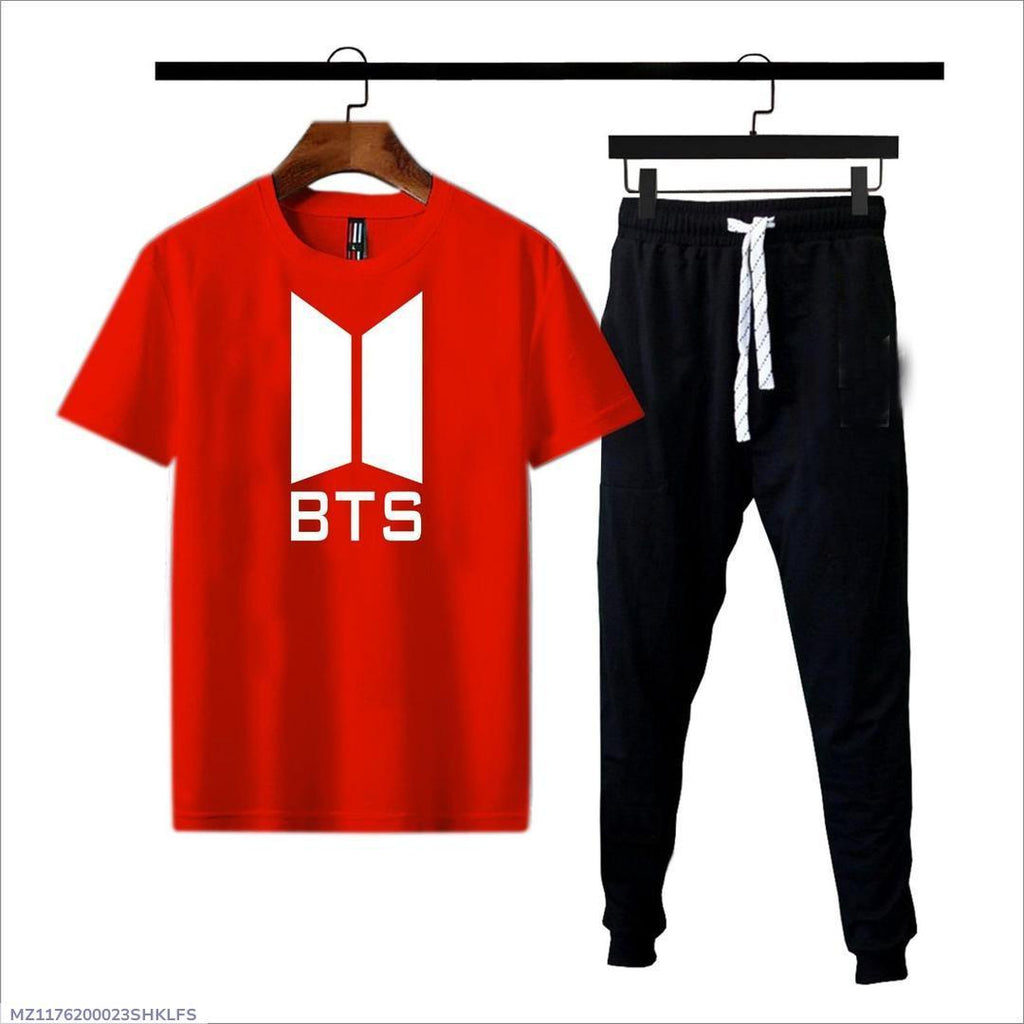 Men's Cotton Jersey T-Shirt & Joggers Set - Red & Black - view 4
