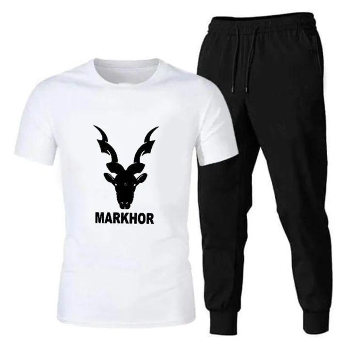 Men's Markhor Print Track Suit - White Cotton, 2 Piece