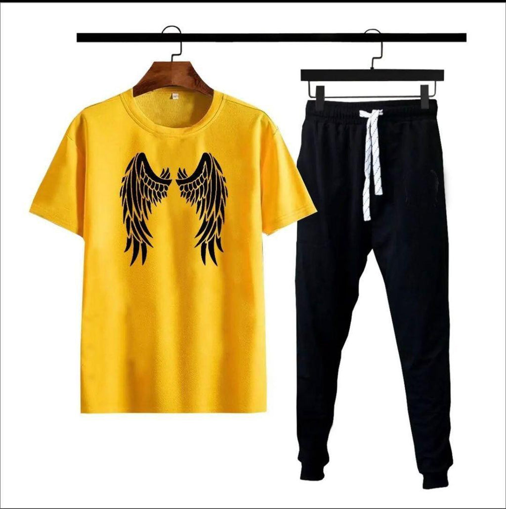 Men's Angel Wing Print Cotton Track Suit - Yellow