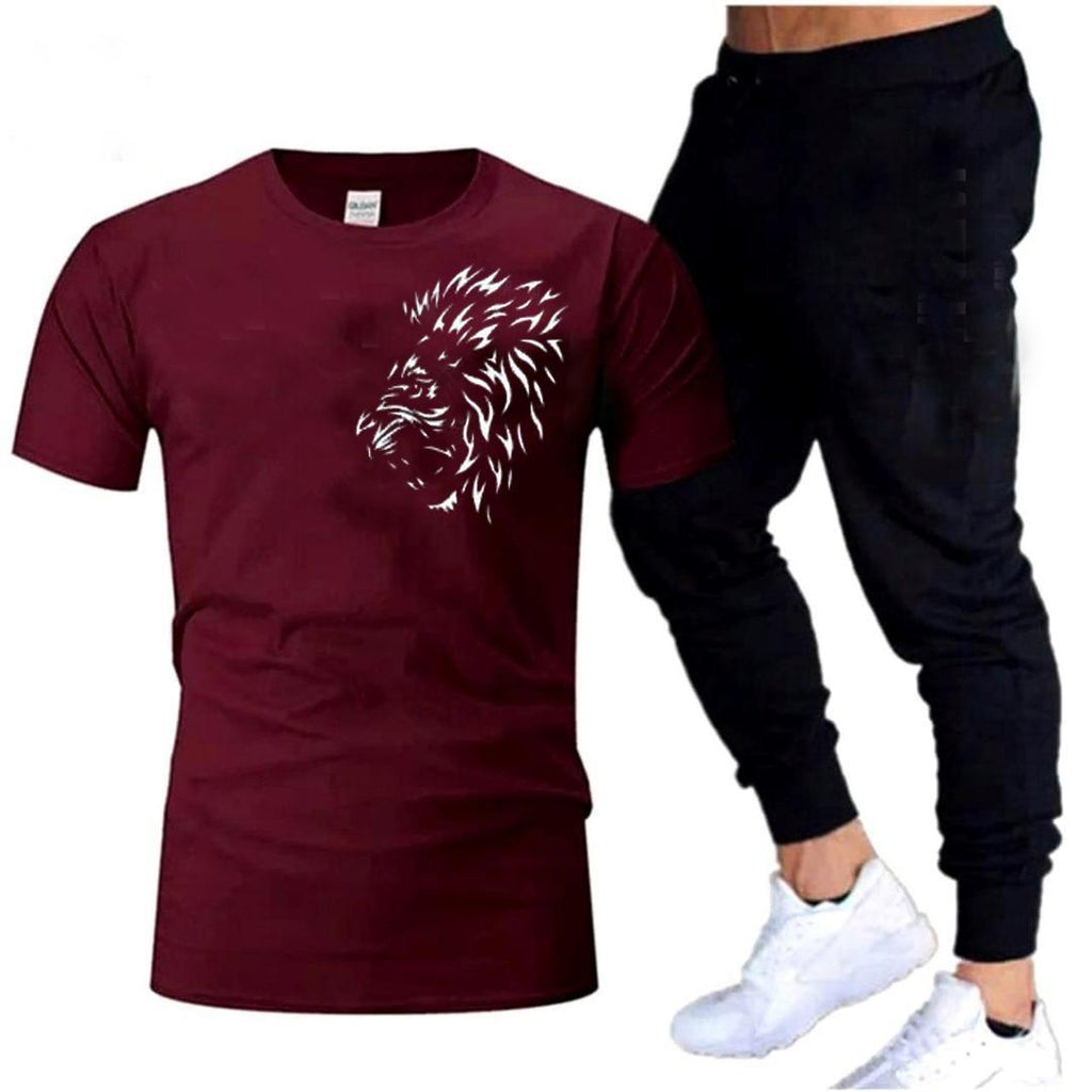 Men's Lion Print Track Suit - Maroon & Black Cotton Jersey