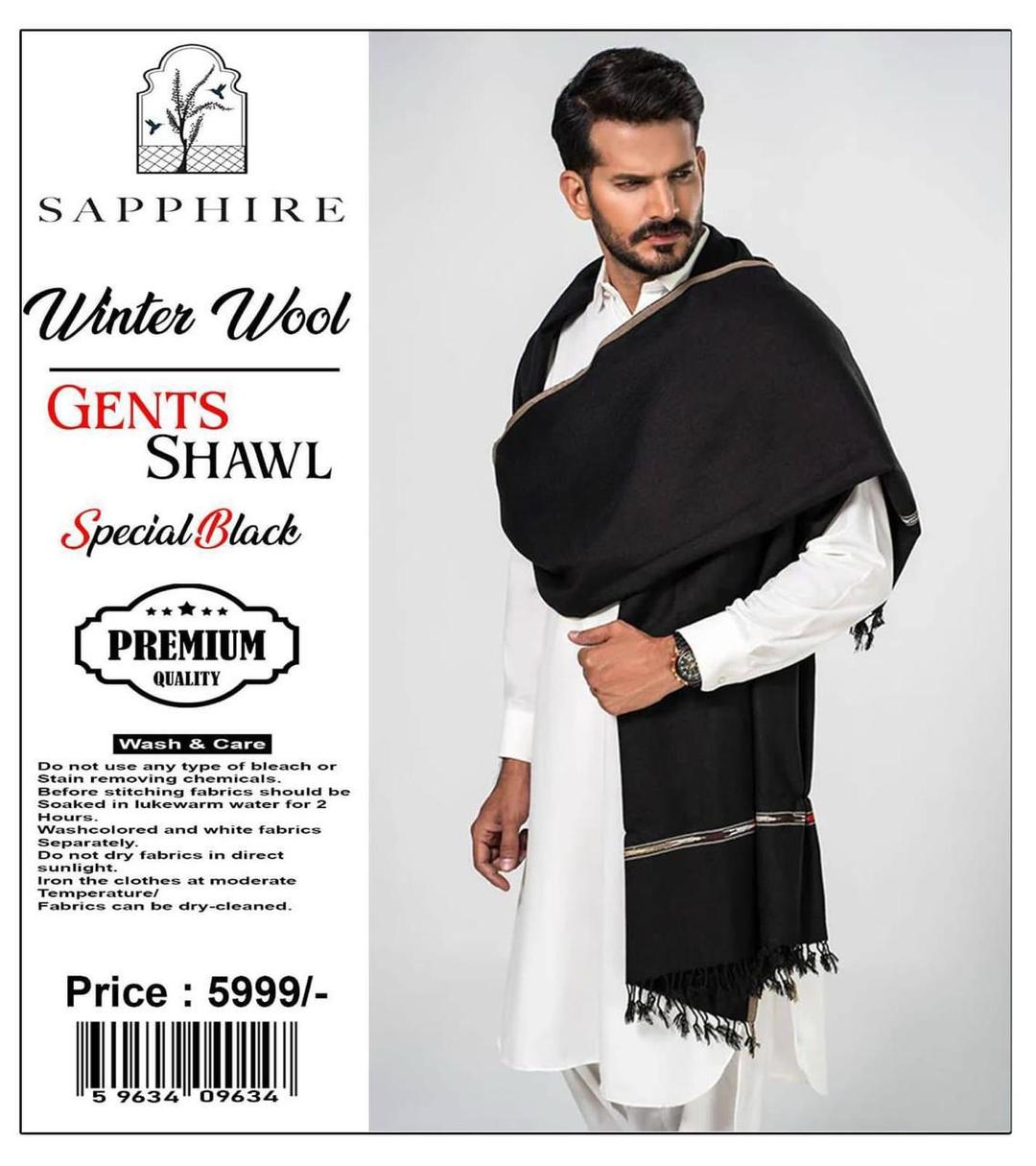 Men's Wool Shawl - Plain Black, 2.5 Yards, Wedding Wear