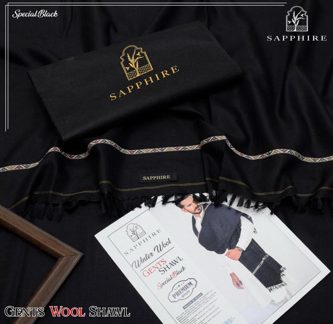 Men's Wool Shawl - Plain Black, 2.5 Yards, Wedding Wear