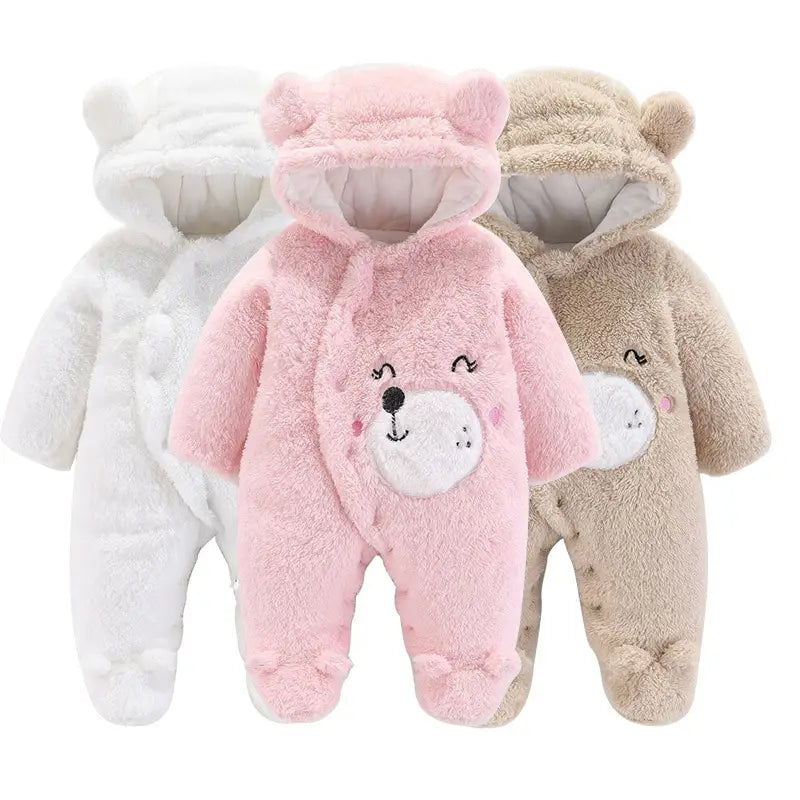 Baby Bear Hooded Padded Jumpsuit - Pink, Beige & White