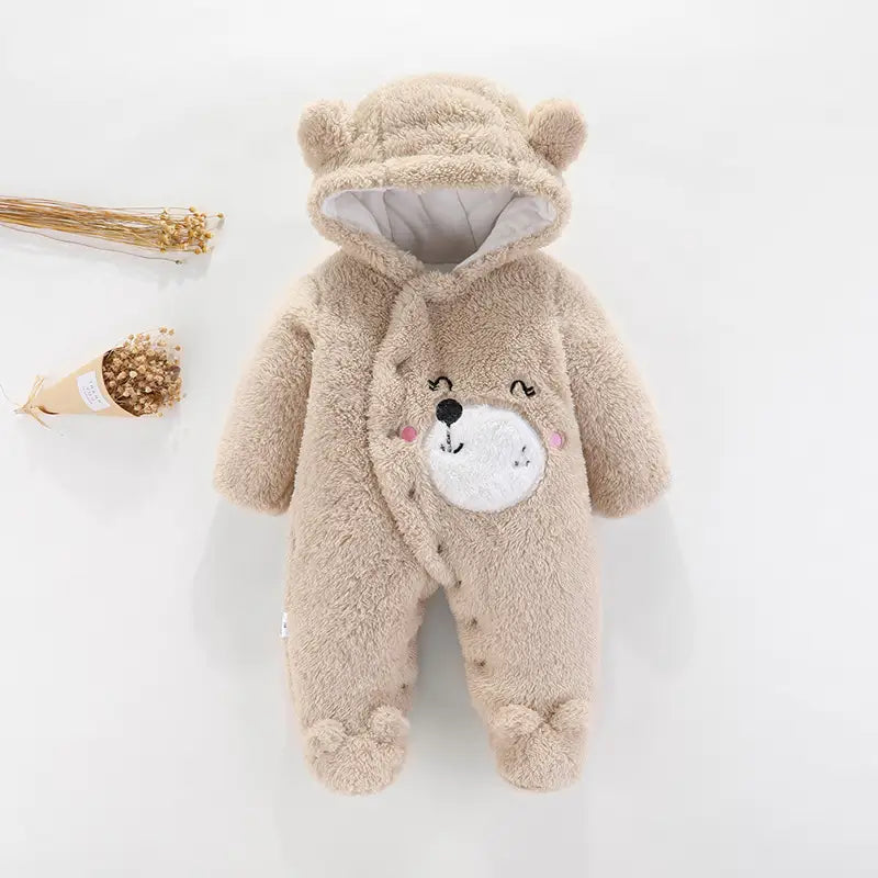 Baby Bear Hooded Padded Jumpsuit - Pink, Beige & White - view 3