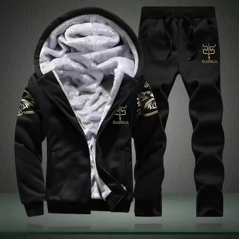 Men's Winter Fleece 2-Piece Suit - Black with Gold Embroidery