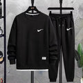 Men's Waffle Track Suit - Black, Loose Fit Autumn