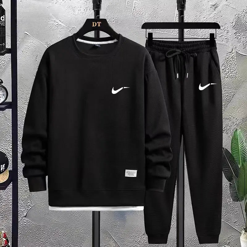 Men's Waffle Track Suit - Black, Loose Fit Autumn