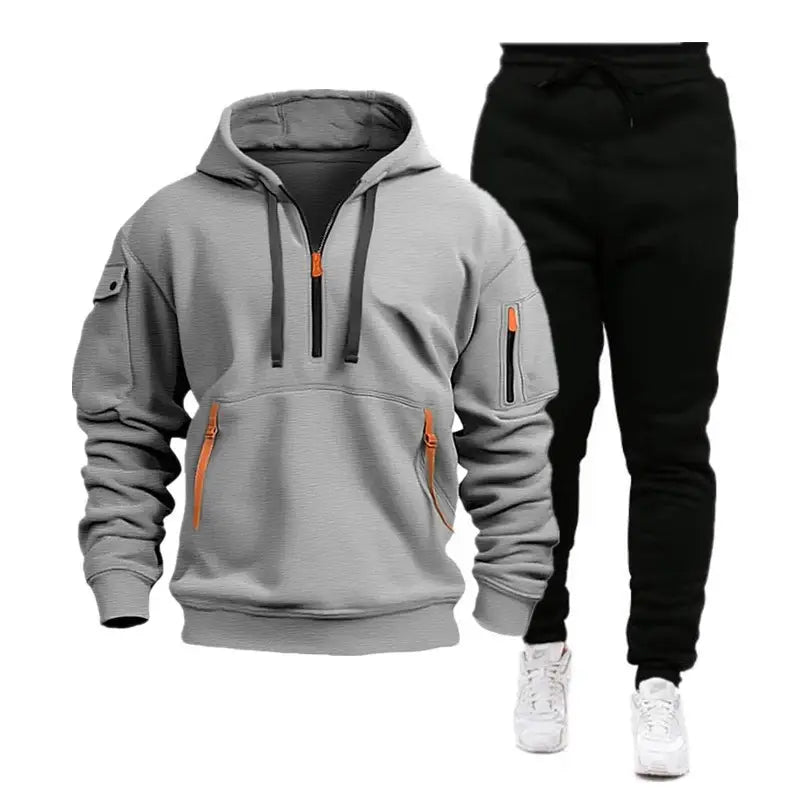Men's Hoodie & Sweatpants Set - Grey & Black, Winter Warm