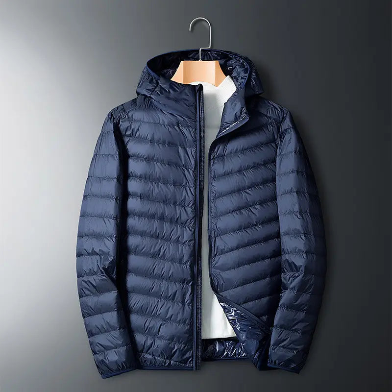 Men's Lightweight Down Jacket - Hooded, Zip Front, Winter