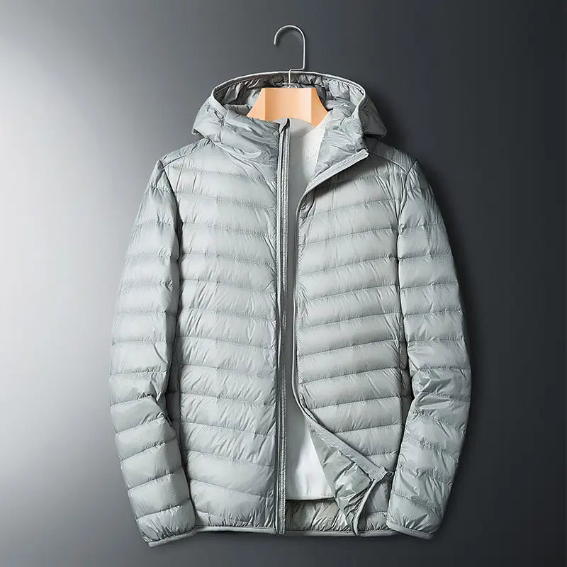 Men's Lightweight Down Jacket - Hooded, Zip Front, Winter